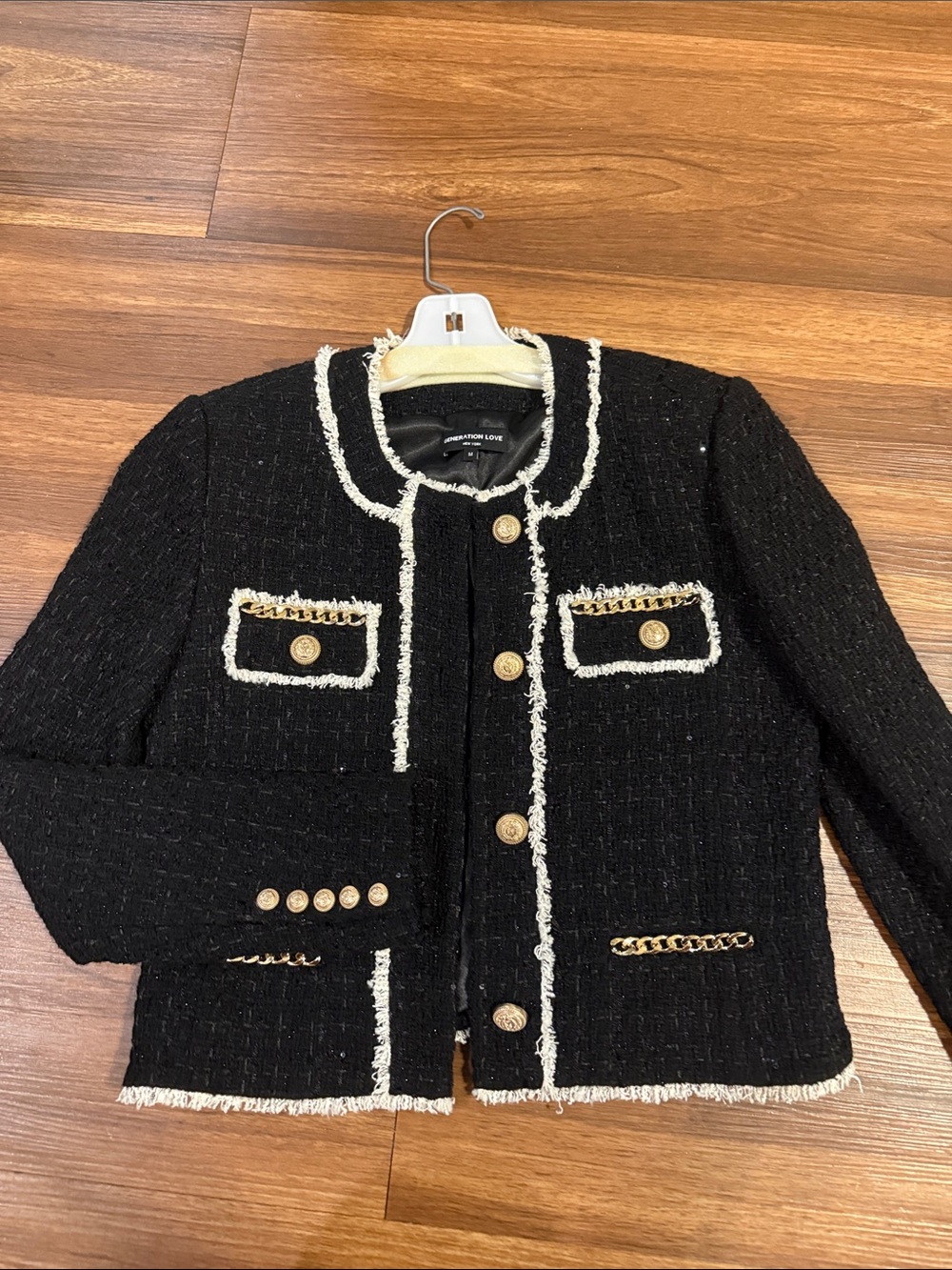Generation Love Black Tweed Jacket with Cream Fringe & Gold Buttons